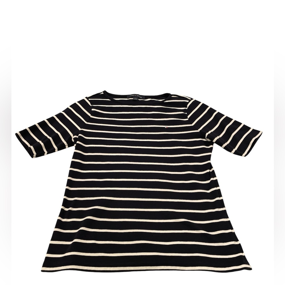 Tommy Hilfiger Women’s Navy and White Striped Shortsleeved Blouse Size Large